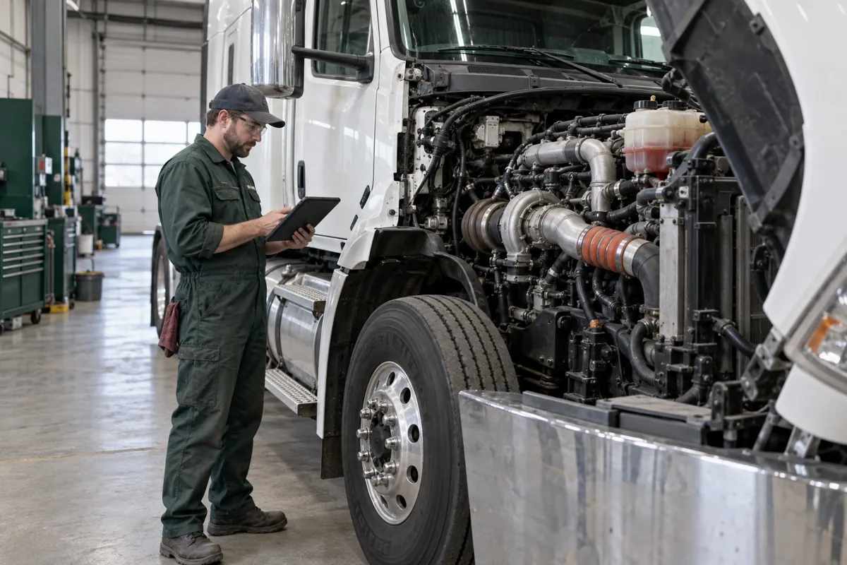 Illustrative scene of a mechanic using a diagnostic tablet beside a truck engine