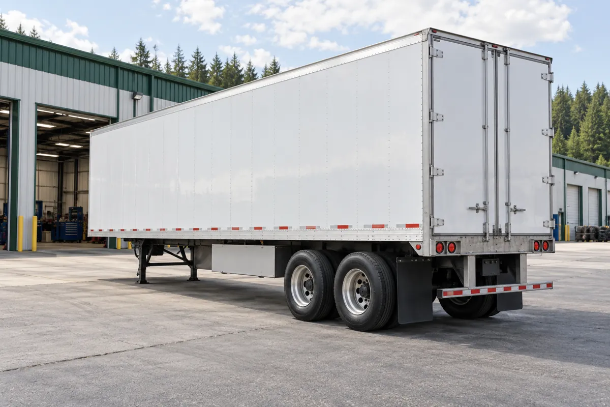 Illustrative scene of a parked commercial trailer and tandem wheels in a depot